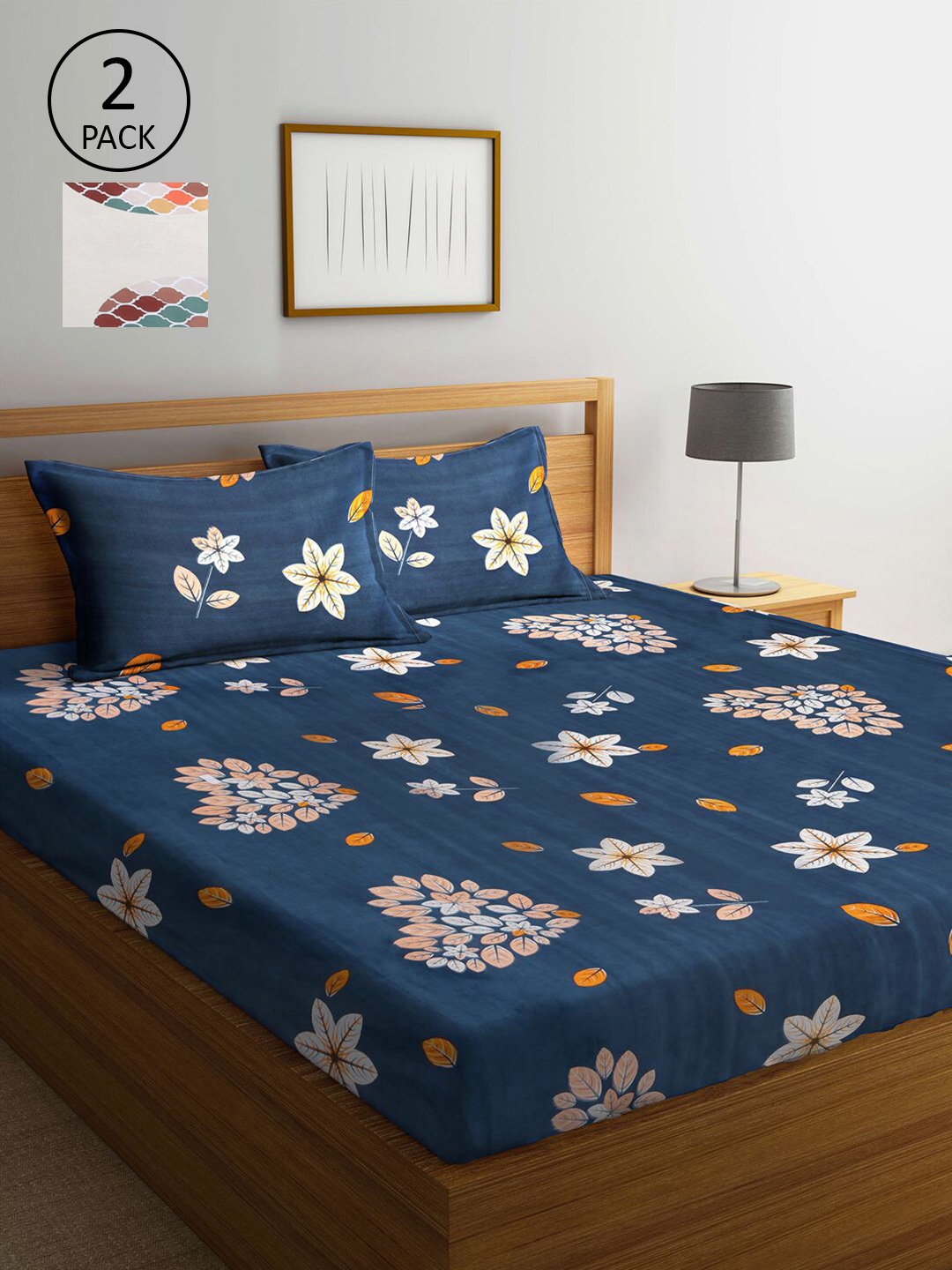 

KLOTTHE Blue & Beige Geometric 210 TC 2 King Bedsheets with 4 Pillow Covers