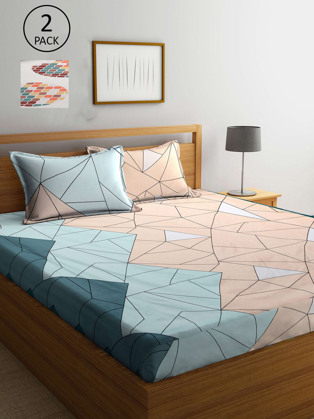 

KLOTTHE Set Of 2 Orange & Blue Geometric 210 TC 2 King Bedsheet with 4 Pillow Covers