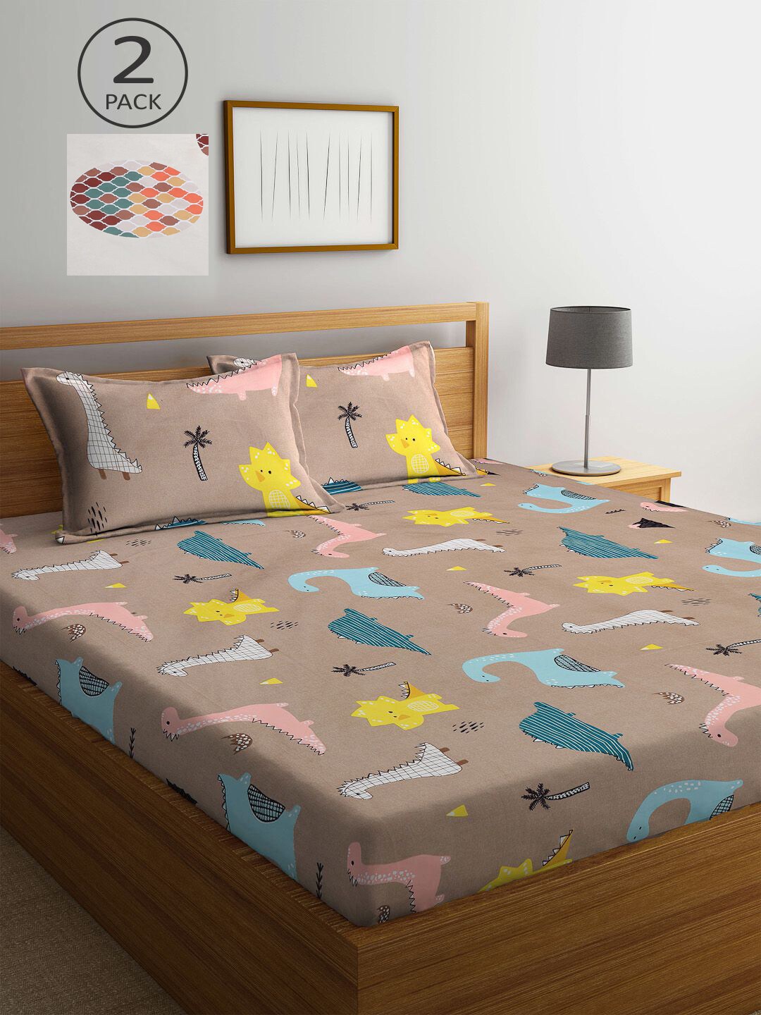

KLOTTHE Grey & Beige Cartoon Characters 210 TC 2 King Bedsheet with 4 Pillow Covers