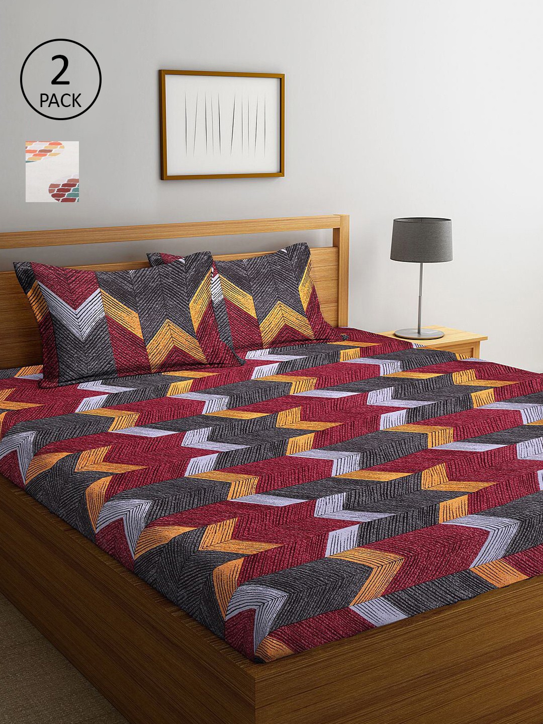 

KLOTTHE Set Of 2 Maroon & Grey Geometric 210 TC 2 King Bedsheet with 4 Pillow Covers