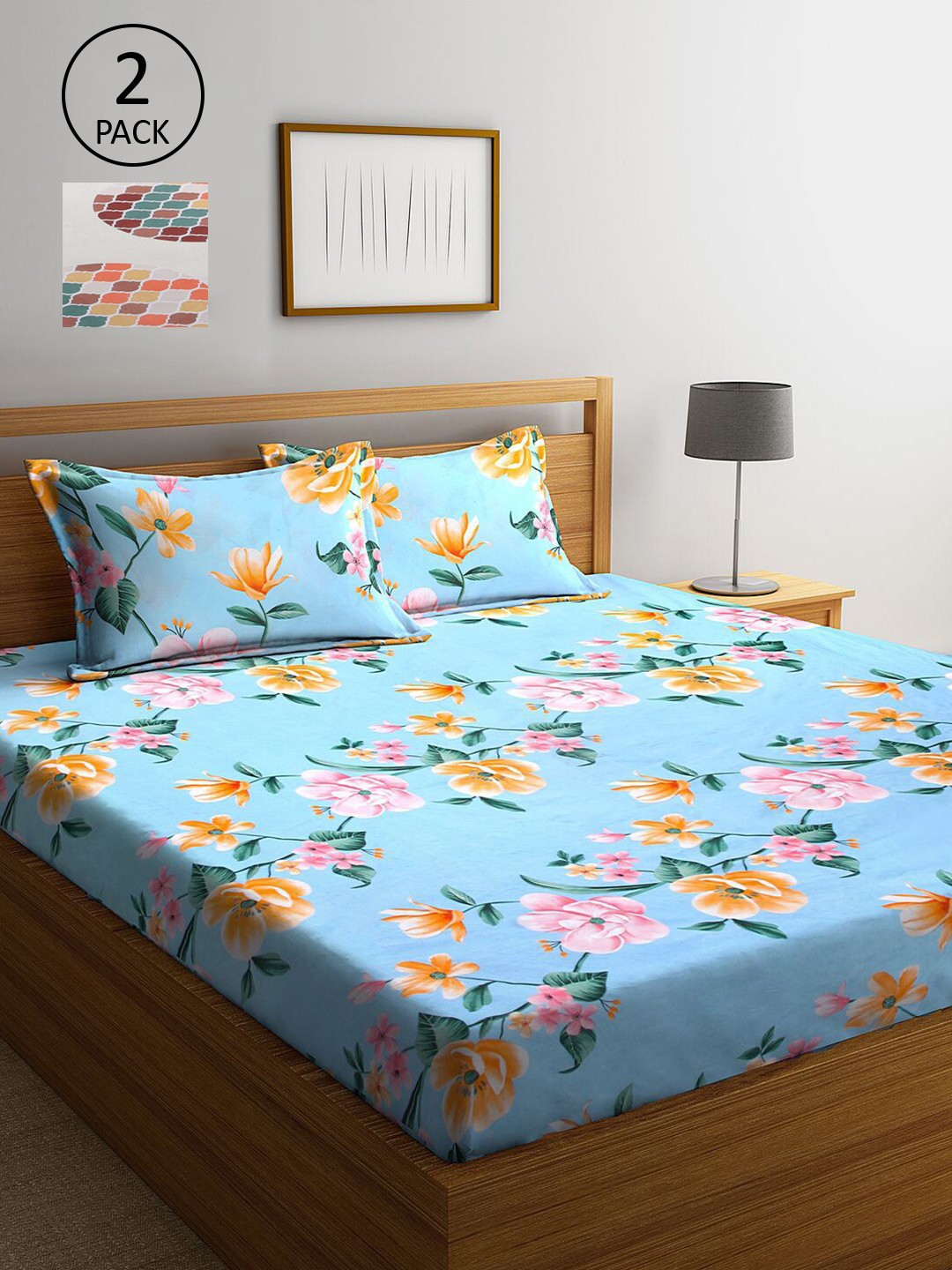 

KLOTTHE Blue & Orange Floral 210 TC 2 King Bedsheet with 4 Pillow Covers