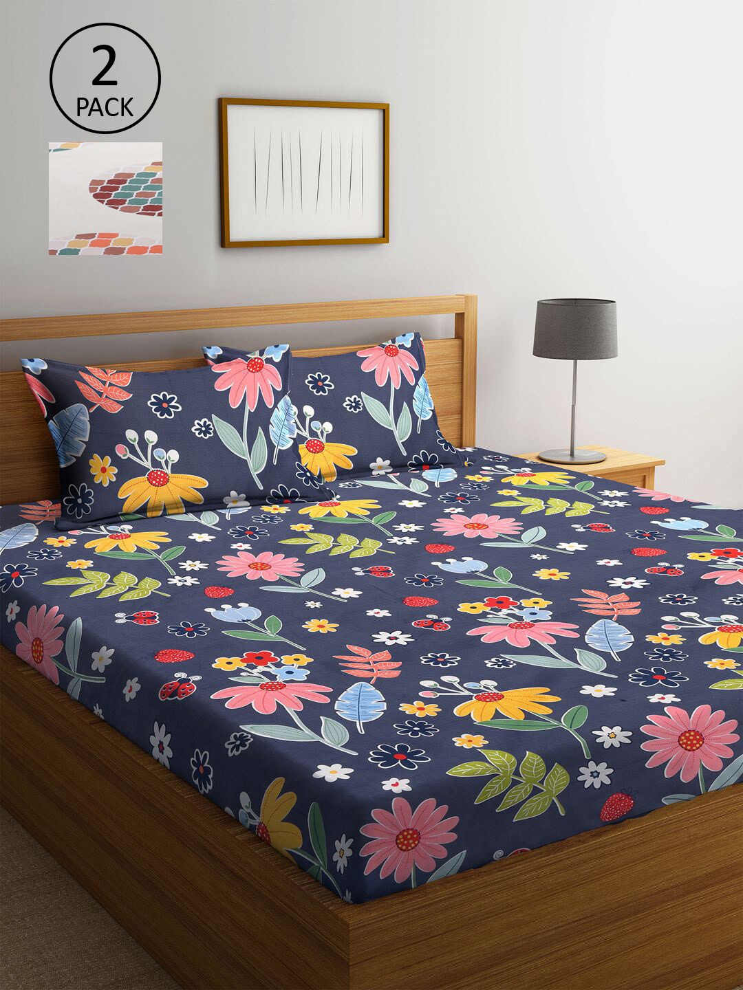 

KLOTTHE Blue & Orange Floral 300 TC 2 King Bedsheet with 4 Pillow Covers