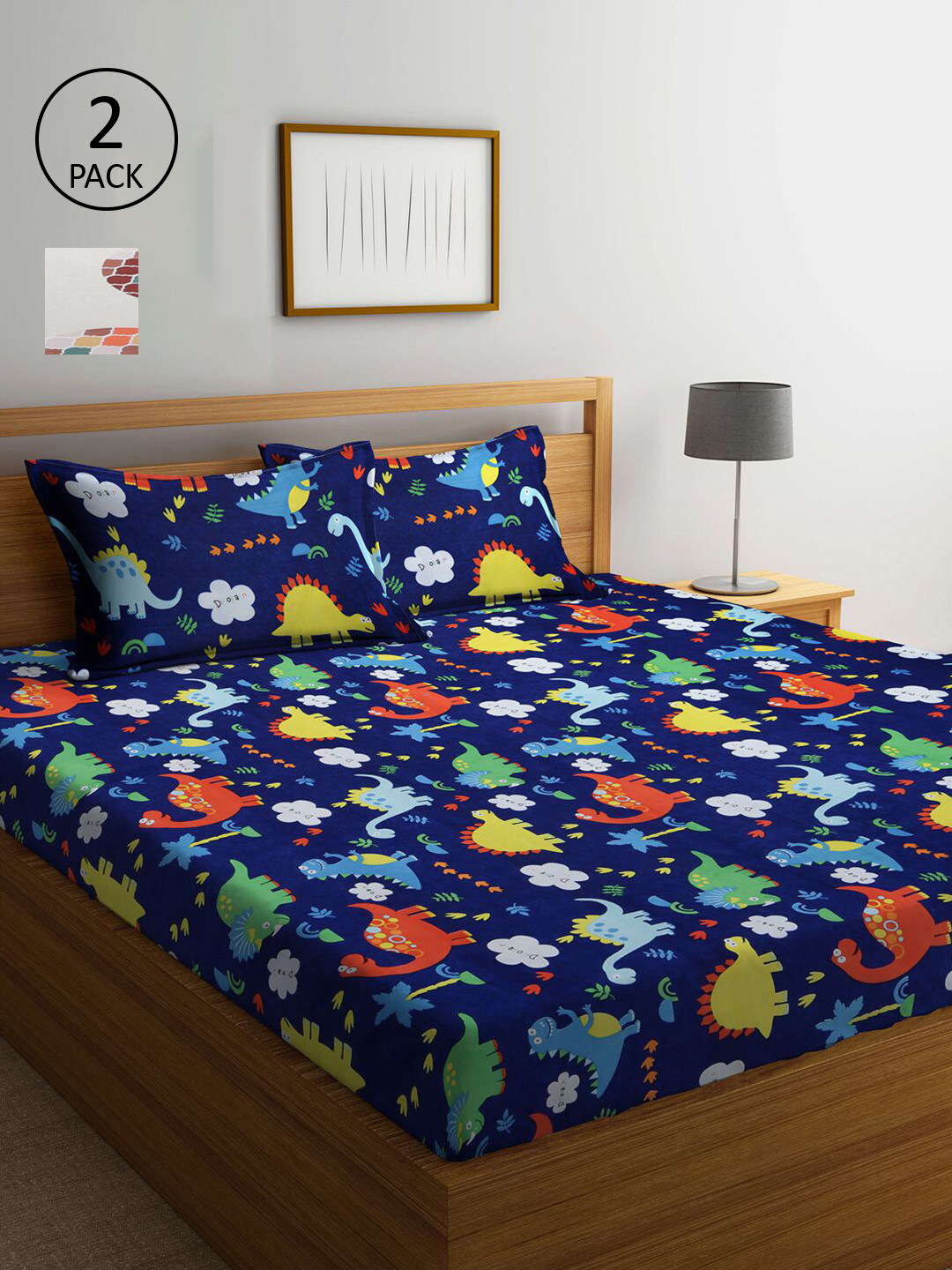 

KLOTTHE Cream & Navy Blue Printed 300 TC 2 King Bedsheet with 4 Pillow Covers