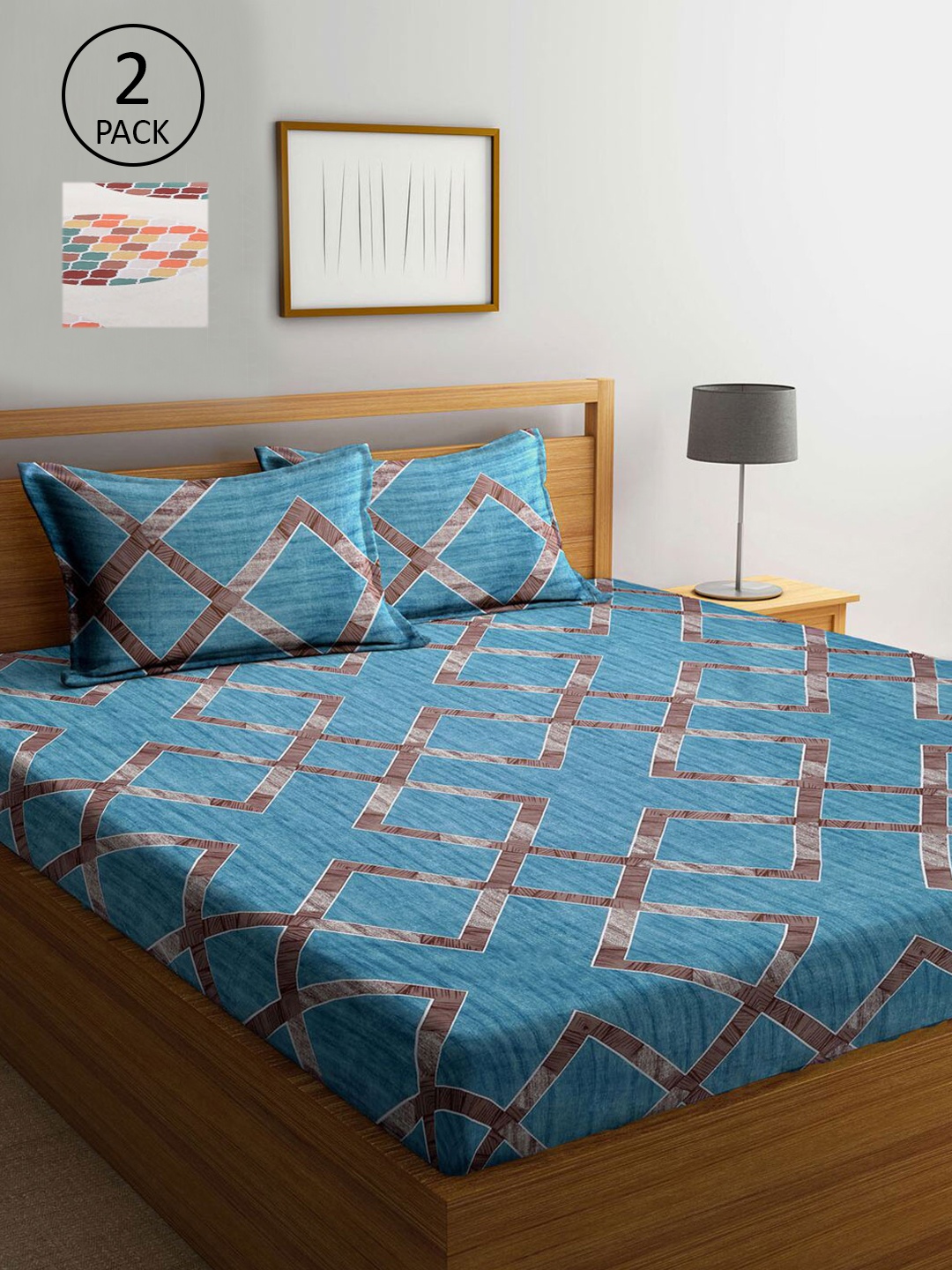 

KLOTTHE Blue & Brown Geometric 210 TC 2 King Bedsheet with 4 Pillow Covers