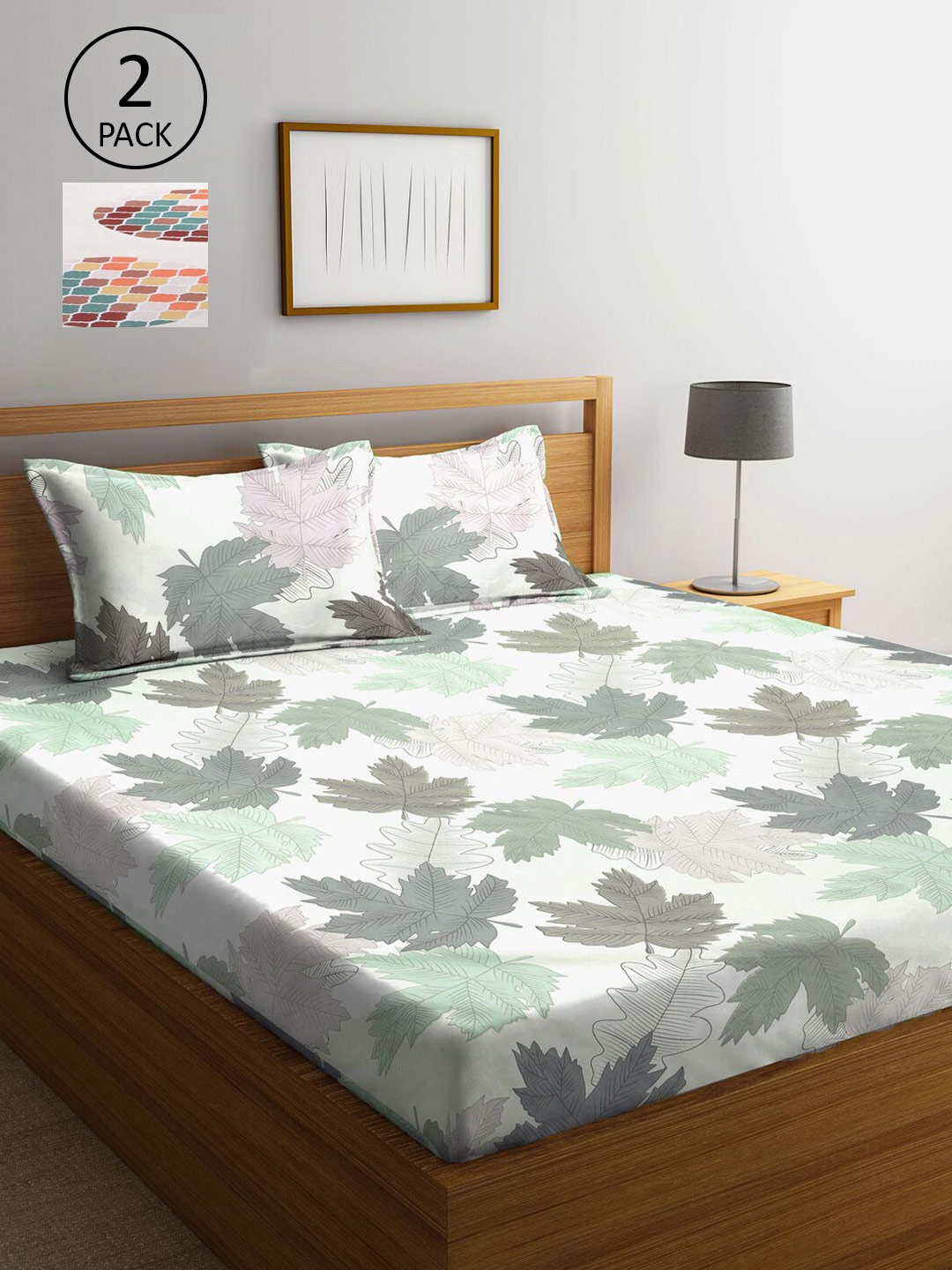 

KLOTTHE Cream-Coloured & Green Floral 210 TC 2 King Bedsheet with 4 Pillow Covers