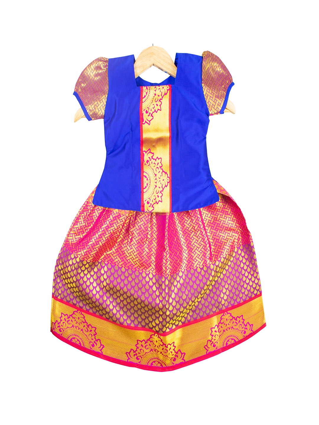 

AMIRTHA FASHION Girls Blue & Pink Woven Design Ready to Wear Lehenga Choli