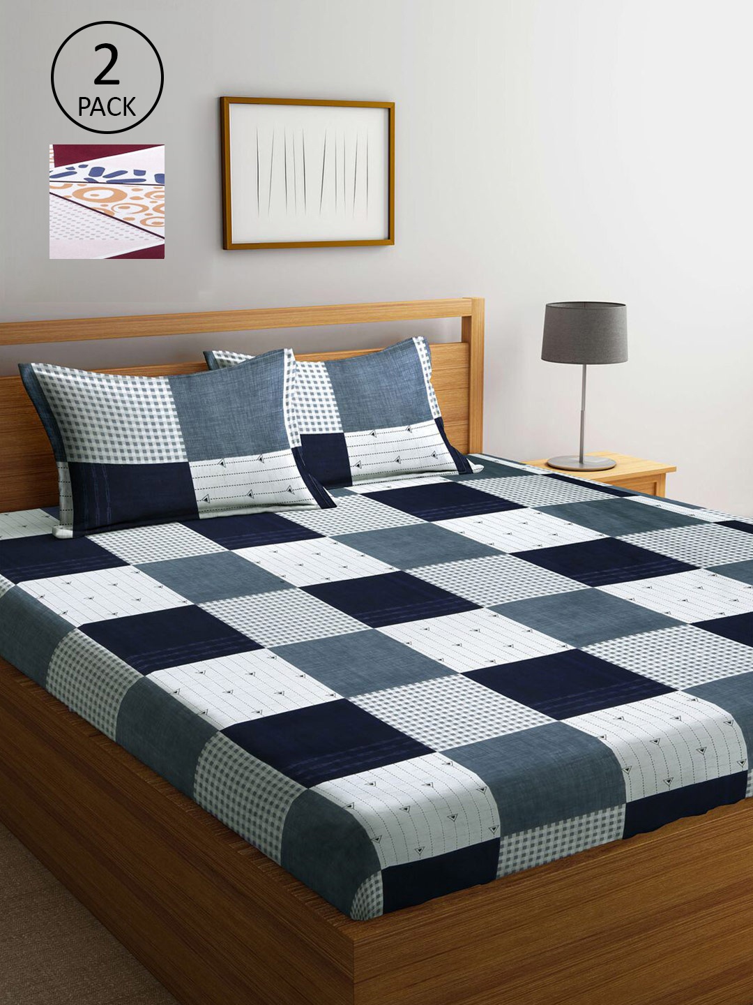 

KLOTTHE Blue & Brown Geometric 210 TC 2 King Bedsheet with 4 Pillow Covers