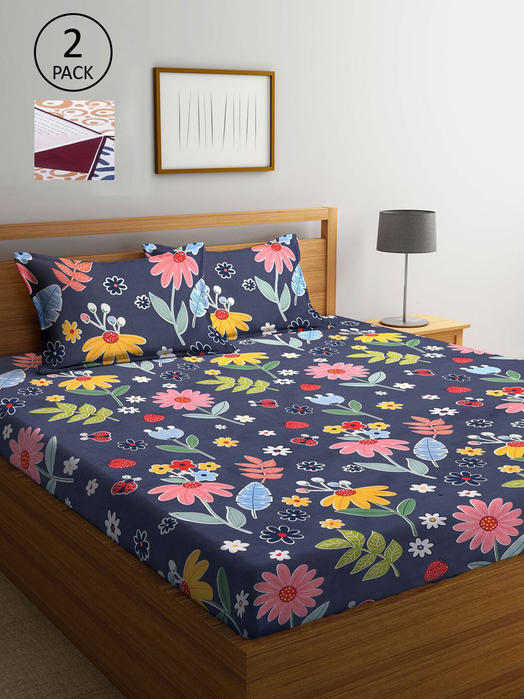 

KLOTTHE Multicoloured 210 TC Printed Set of 2 King Cotton Bedsheet with 4 Pillow Covers, Multi