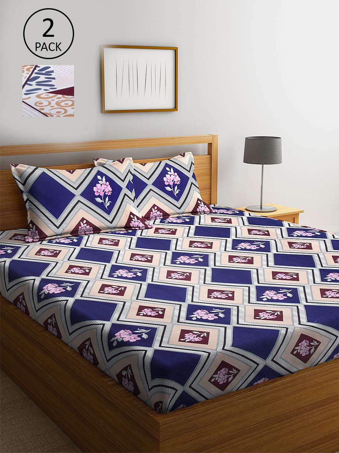 

KLOTTHE Blue & Brown Geometric 210 TC 2 King Bedsheet with 4 Pillow Covers