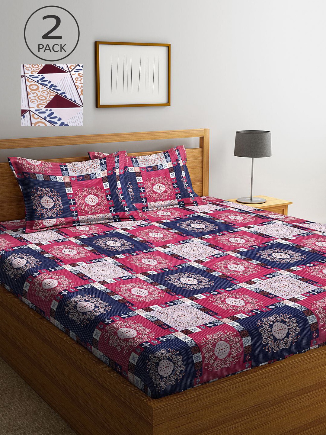 

KLOTTHE Blue & Pink Geometric 210 TC 2 King Bedsheet with 4 Pillow Covers