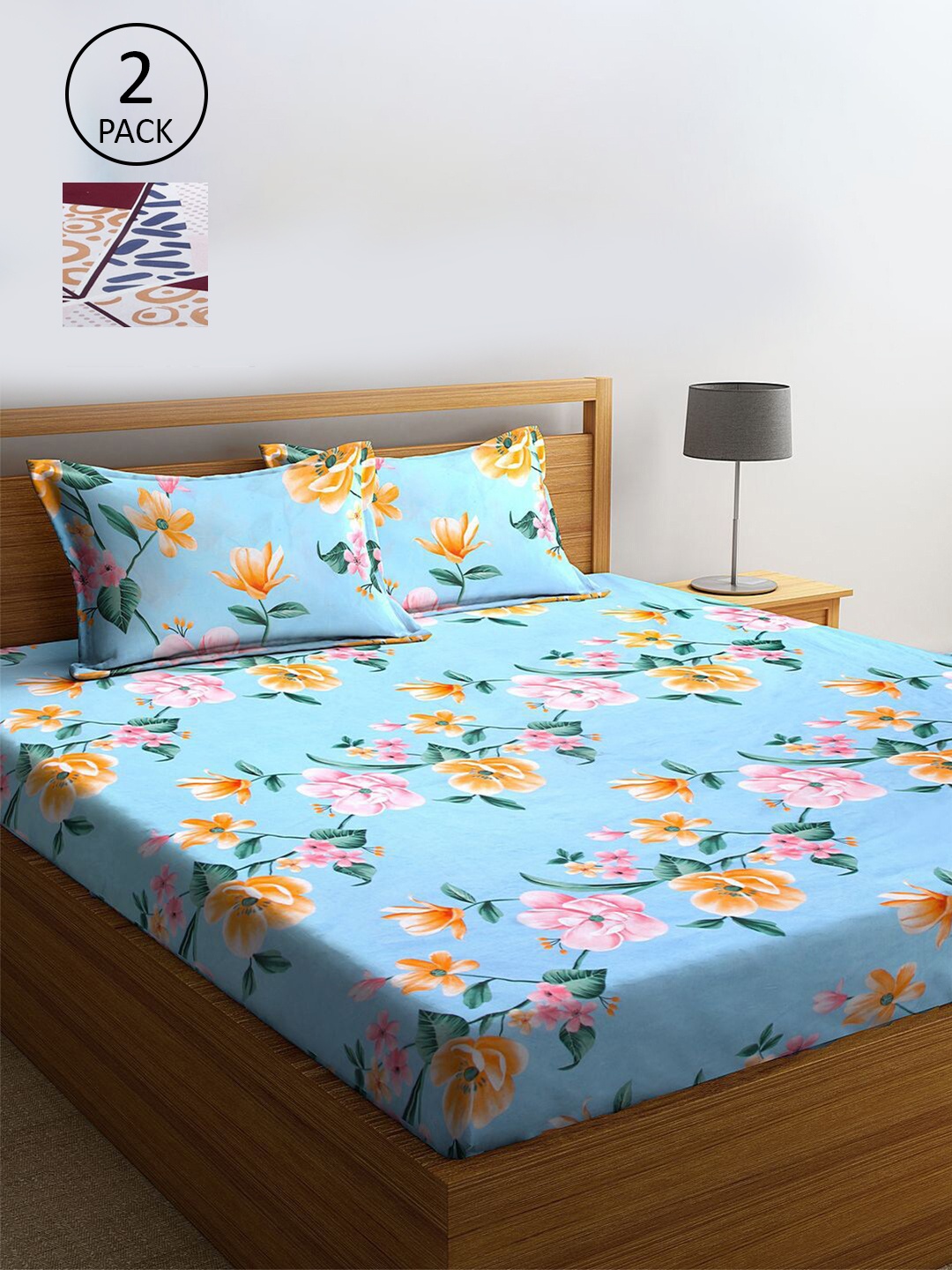 

KLOTTHE White & Blue Floral 210 TC 2 King Bedsheet with 4 Pillow Covers