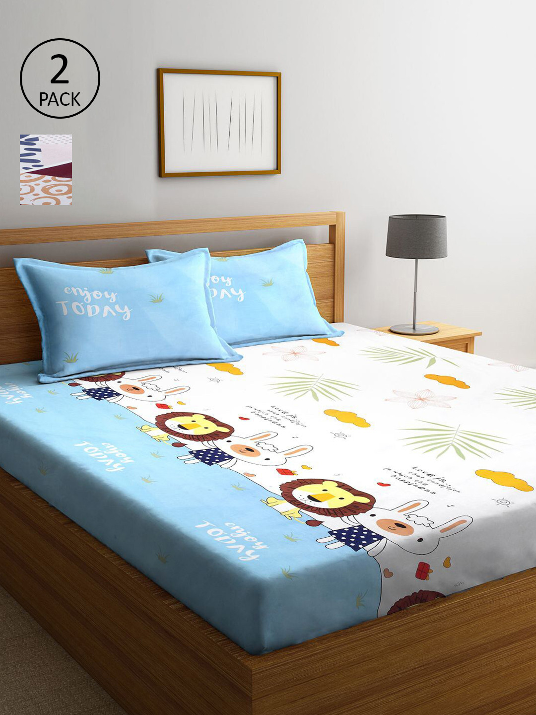 

KLOTTHE Blue & Maroon Cartoon Characters 210 TC 2 King Bedsheet with 4 Pillow Covers