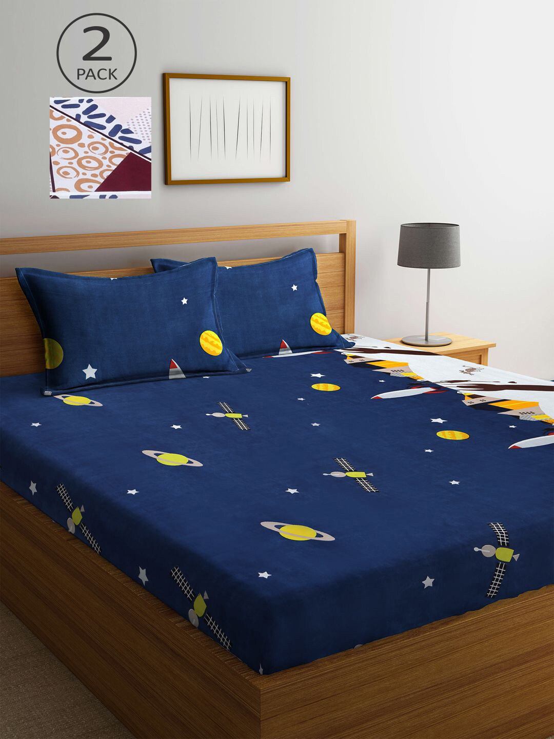 

KLOTTHE Blue & Grey Cartoon Characters 210 TC 2 King Bedsheets with 4 Pillow Covers
