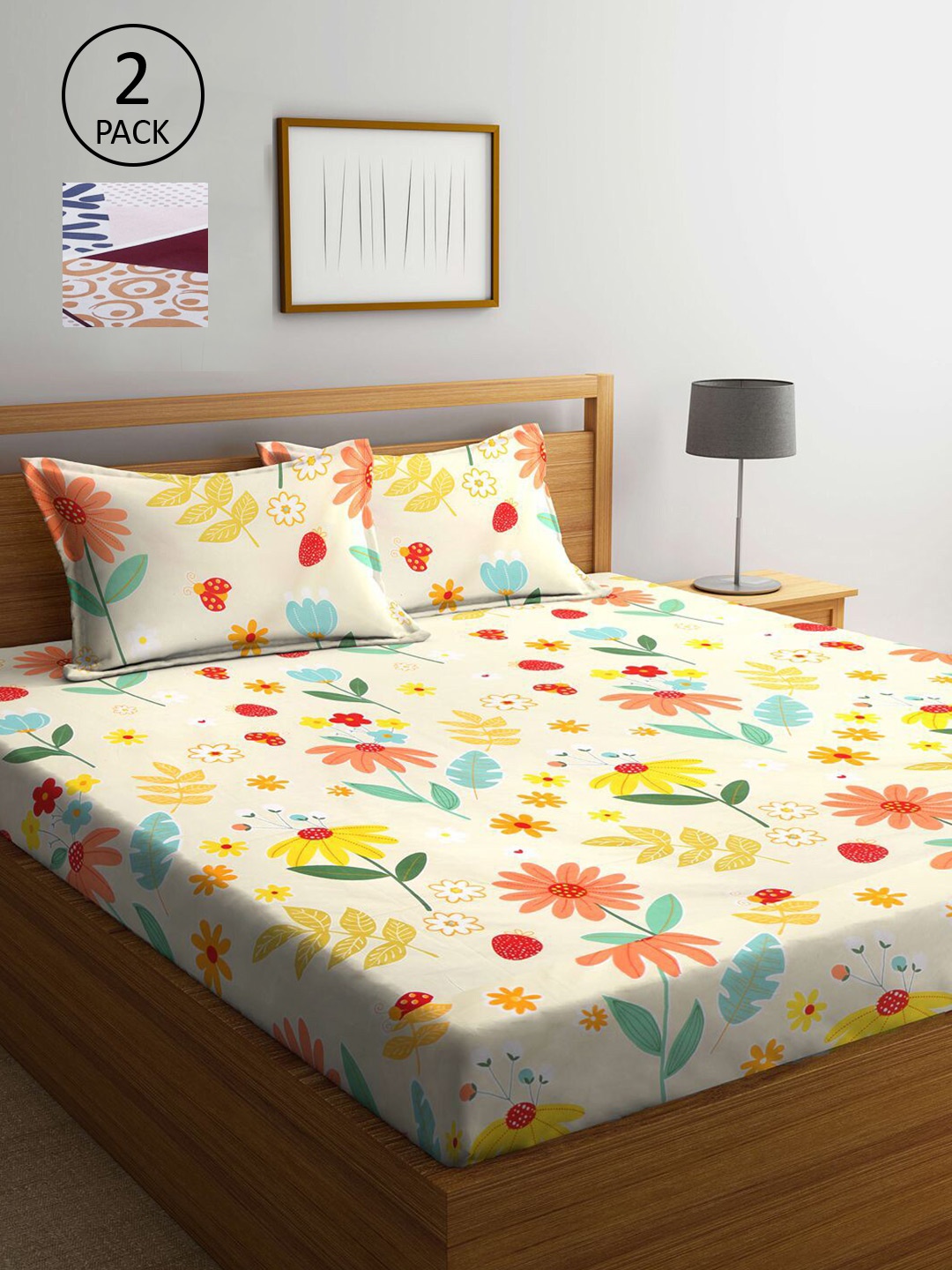 

KLOTTHE Yellow & White Floral 210 TC 2 King Bedsheet with 4 Pillow Covers