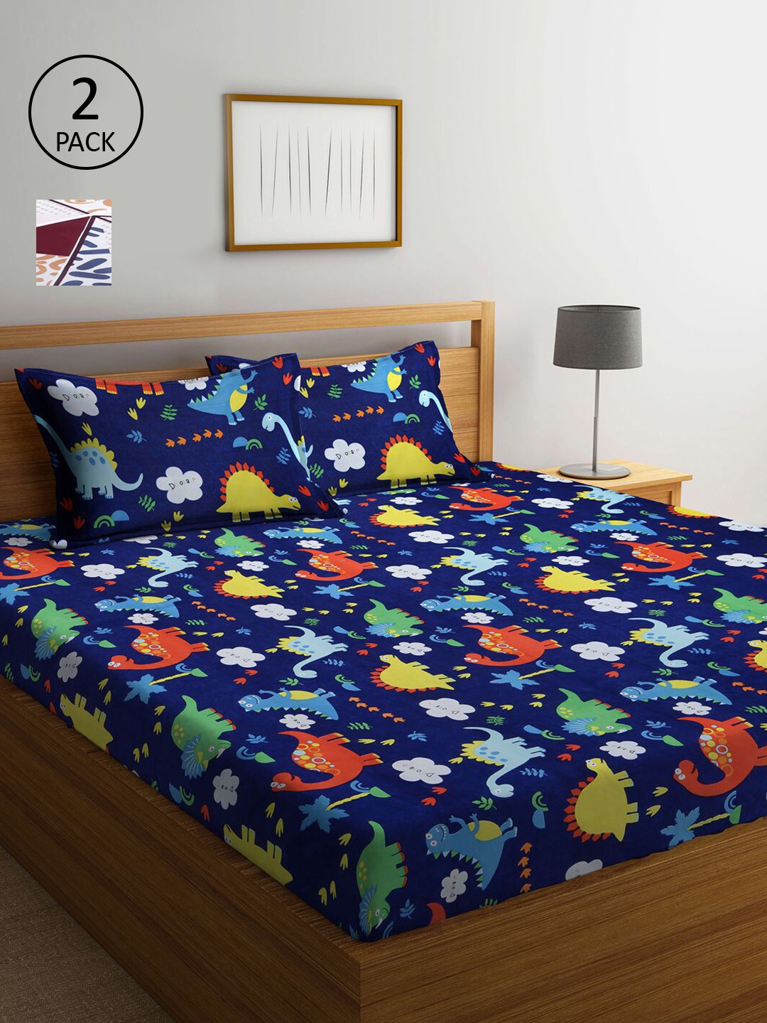 

KLOTTHE Blue & Brown Cotton Blend 210 TC 2 King Bedsheet with 4 Pillow Covers