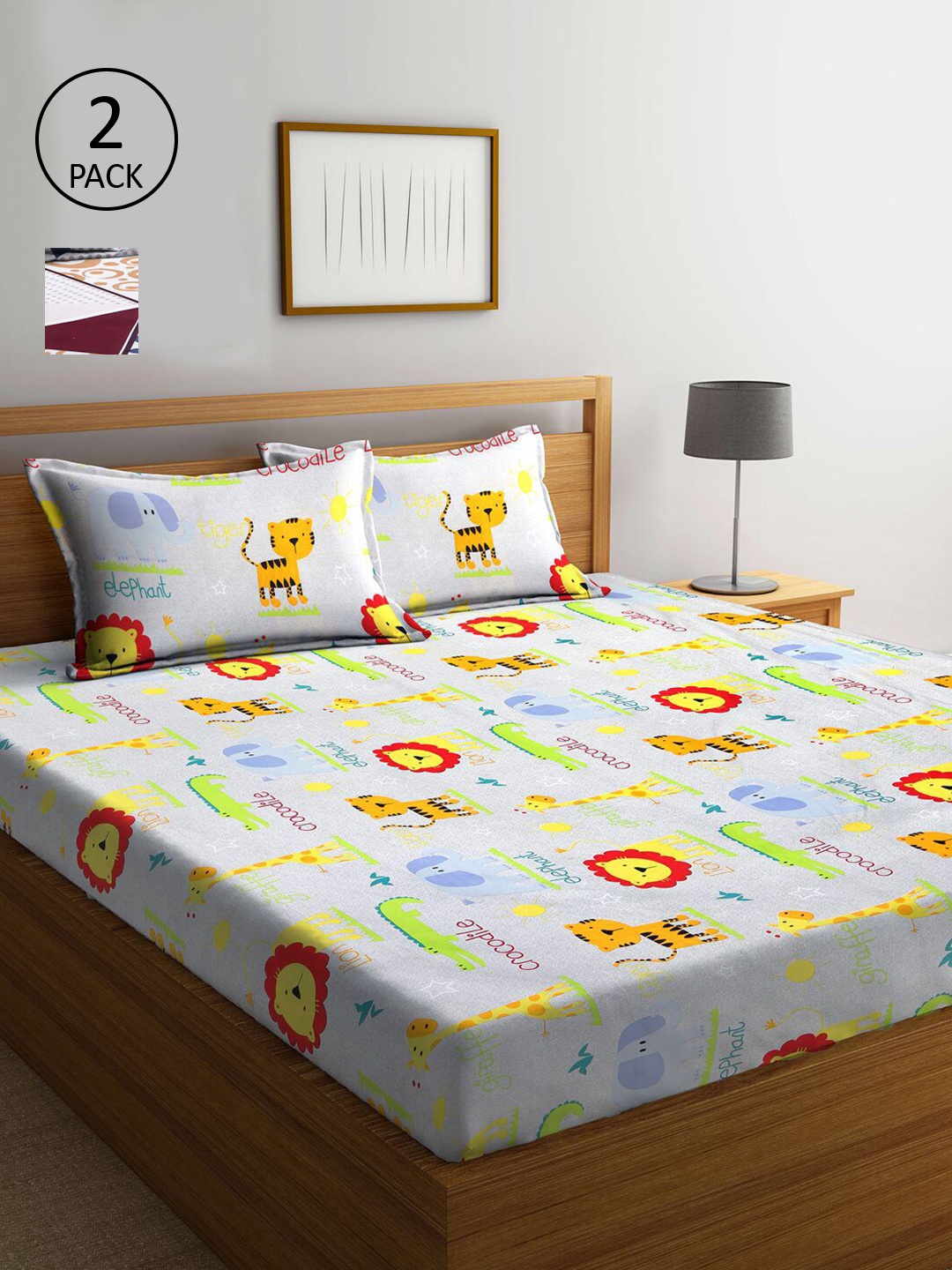 

KLOTTHE White & Grey Cartoon Characters 210 TC 2 King Bedsheet with 4 Pillow Covers