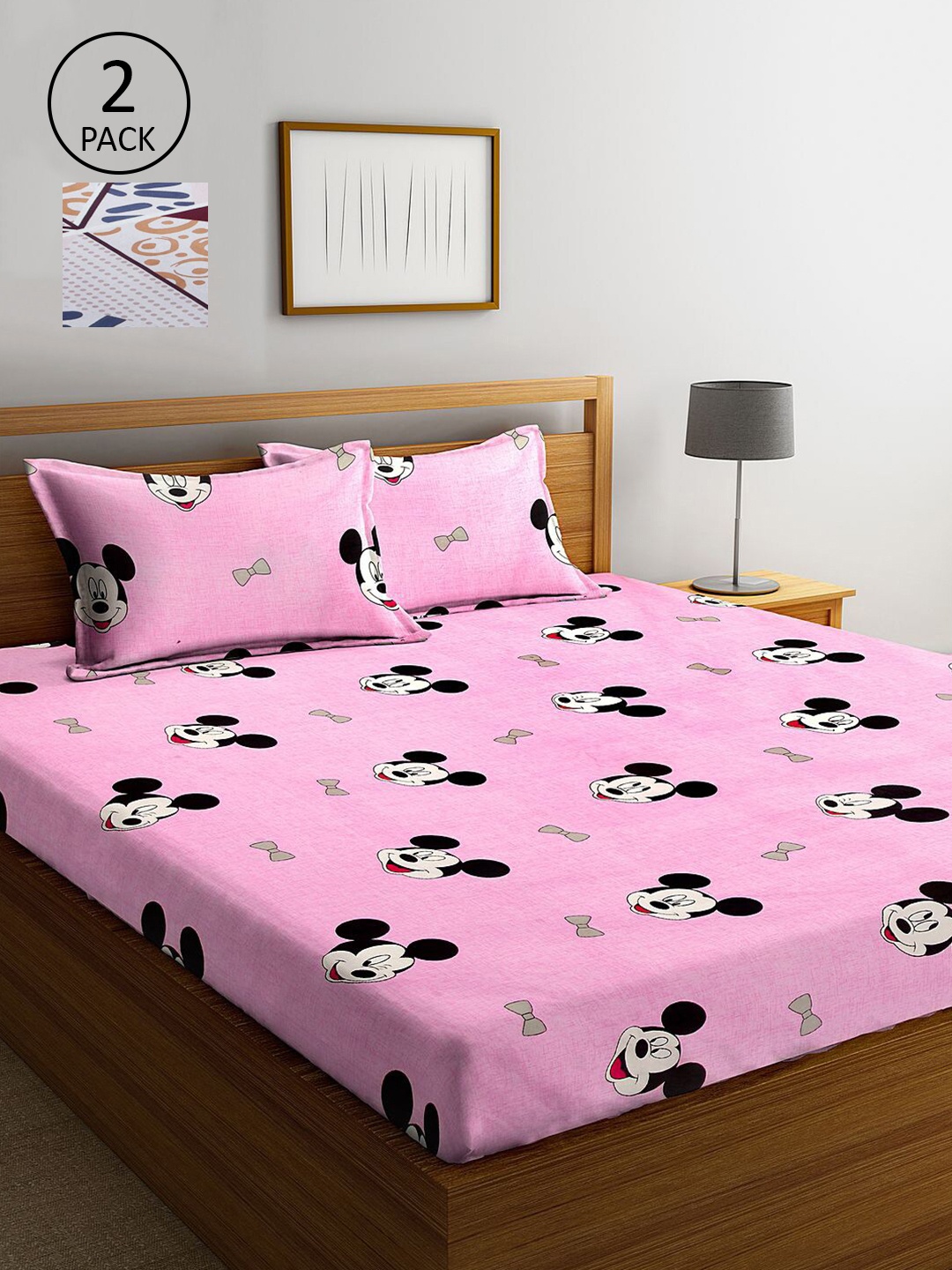 

KLOTTHE Pink & Blue Cartoon Characters 210 TC 2 King Bedsheet with 4 Pillow Covers