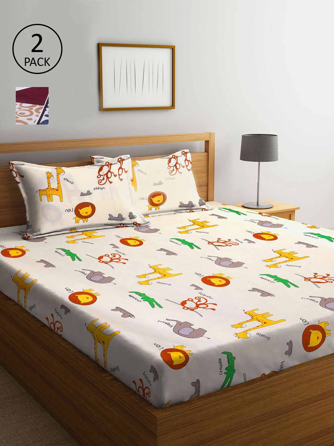 

KLOTTHE White & Yellow Cartoon Characters 210 TC 2 King Bedsheet with 4 Pillow Covers