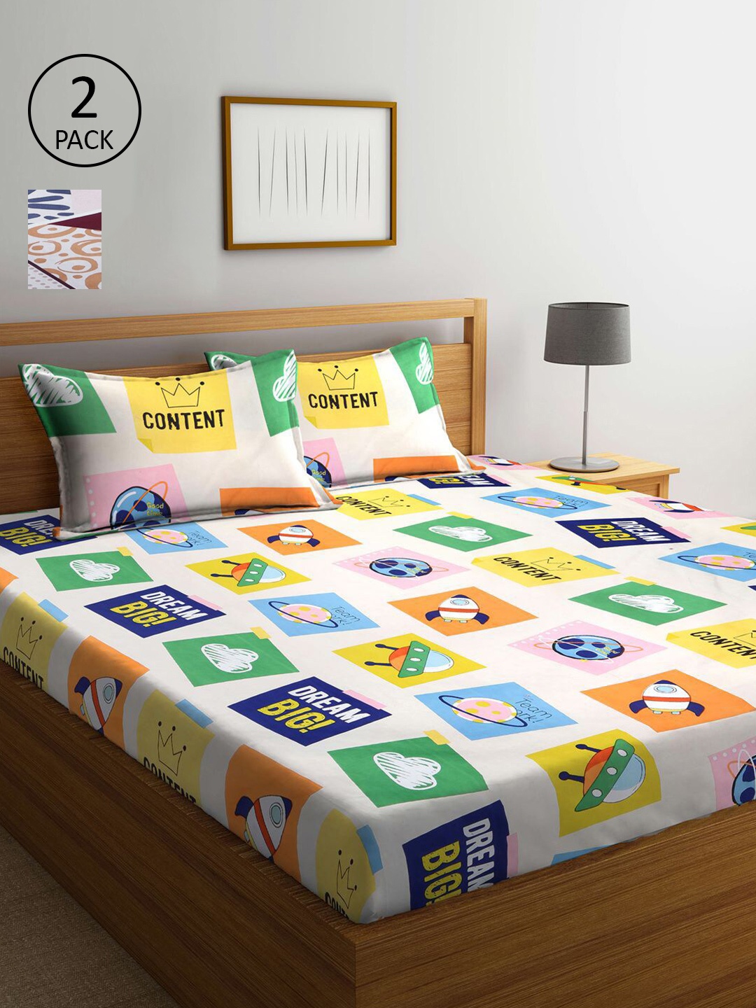 

KLOTTHE White & Grey Graphic 210 TC 2 King Bedsheets with 4 Pillow Covers