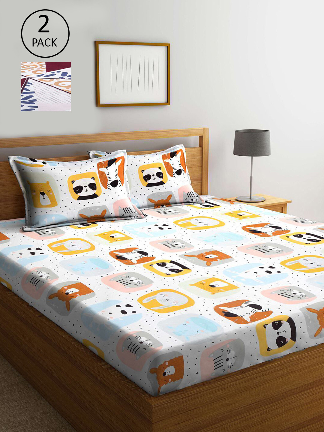 

KLOTTHE White & Brown Cartoon Characters 210 TC 2 King Bedsheet & 4 Pillow Covers