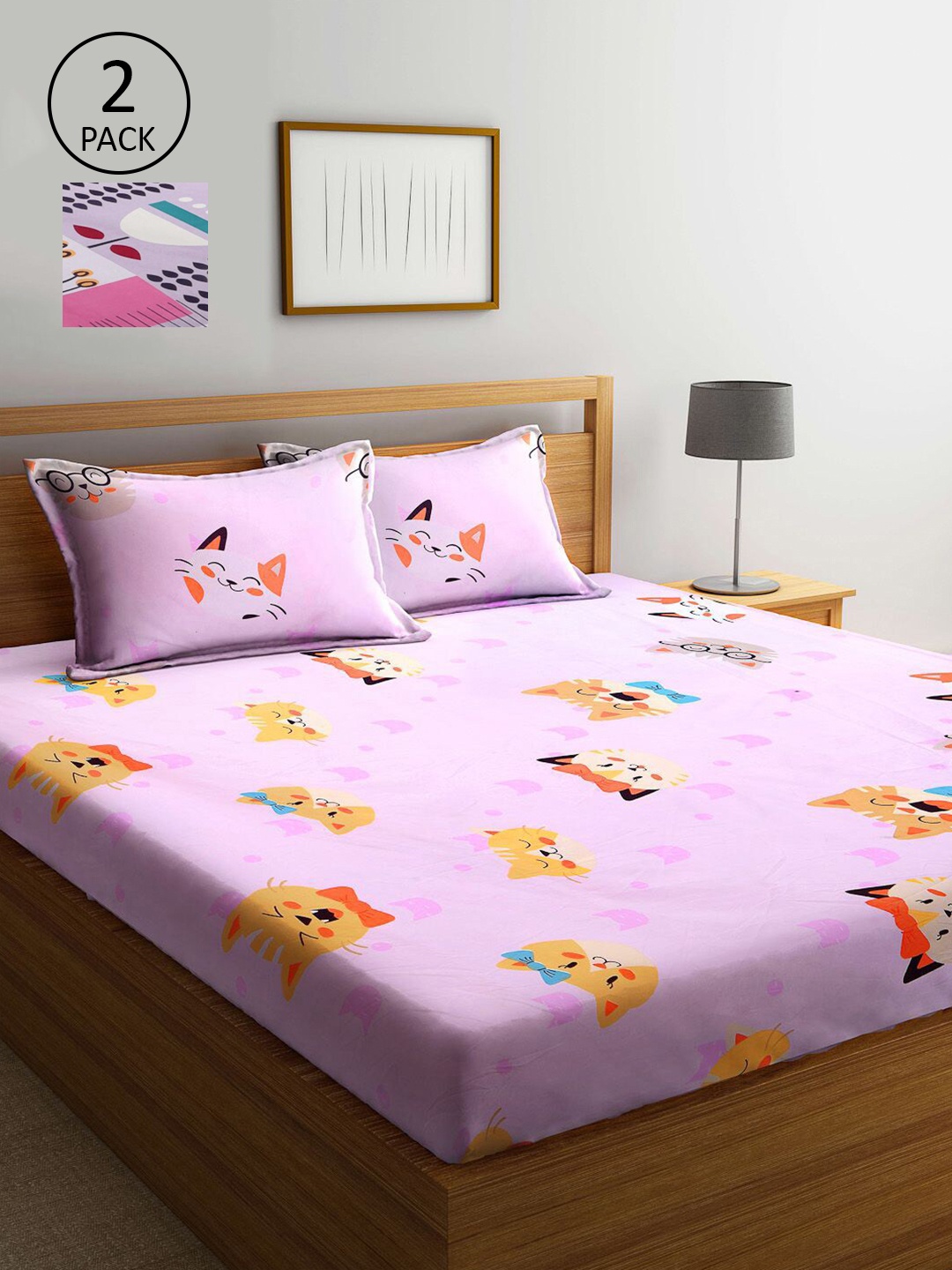 

KLOTTHE Pink & Lavender Printed 210 TC 2 King Bedsheets with 4 Pillow Covers
