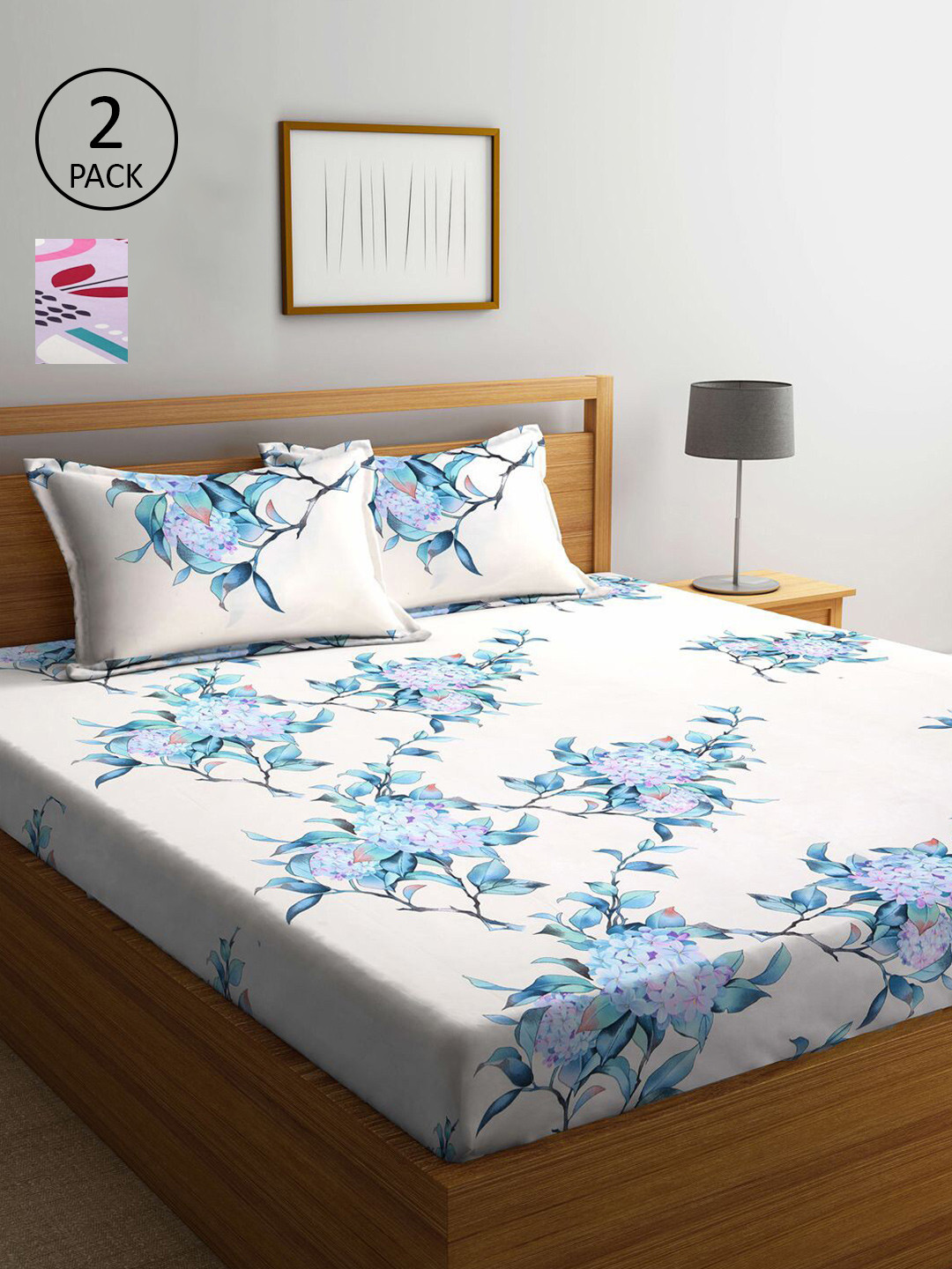 

KLOTTHE White & Blue Floral 210 TC 2 King Bedsheets with 4 Pillow Covers