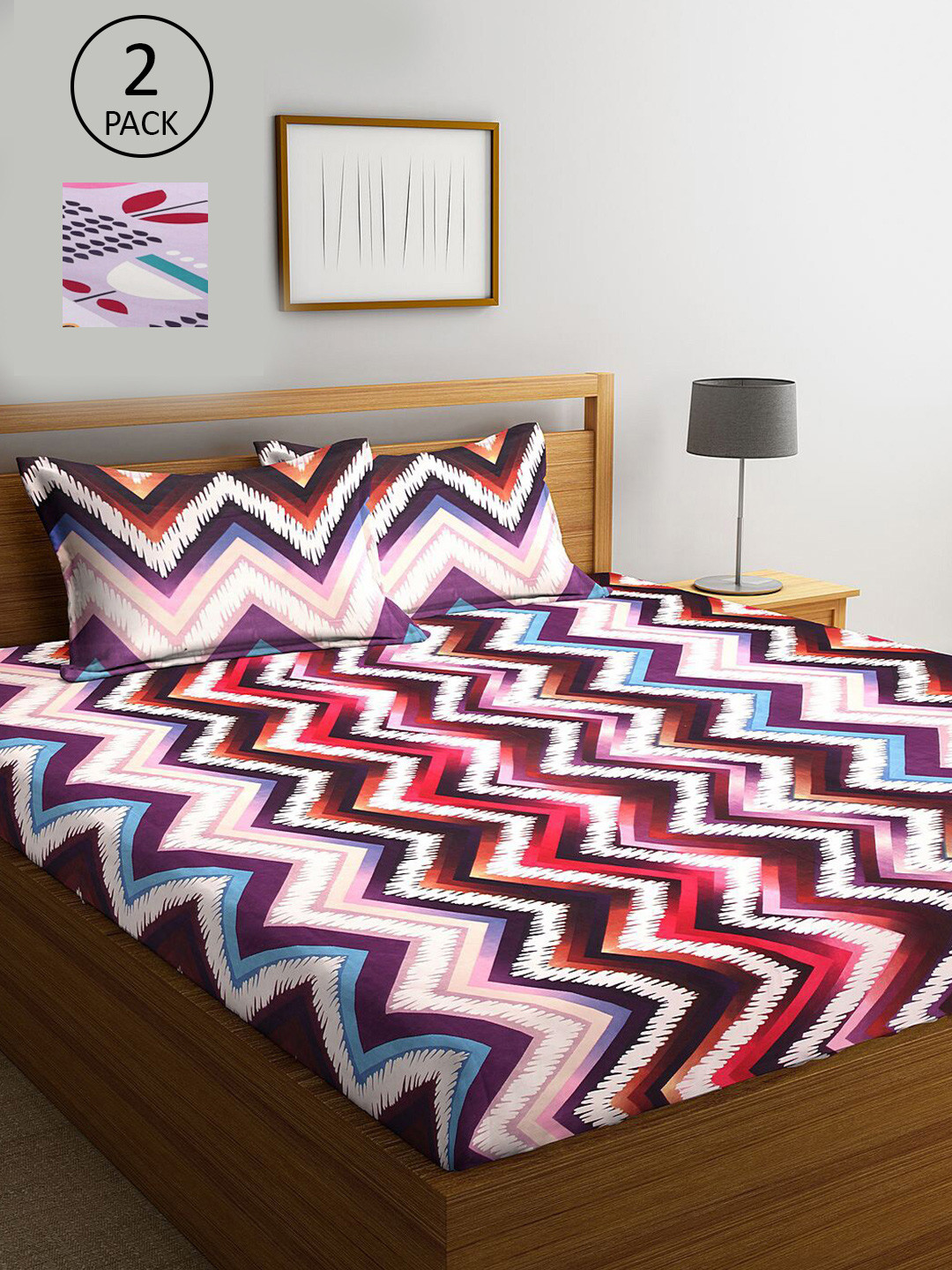 

KLOTTHE Lavender & Multicoloured Geometric 210 TC 2 King Bedsheet with 4 Pillow Covers