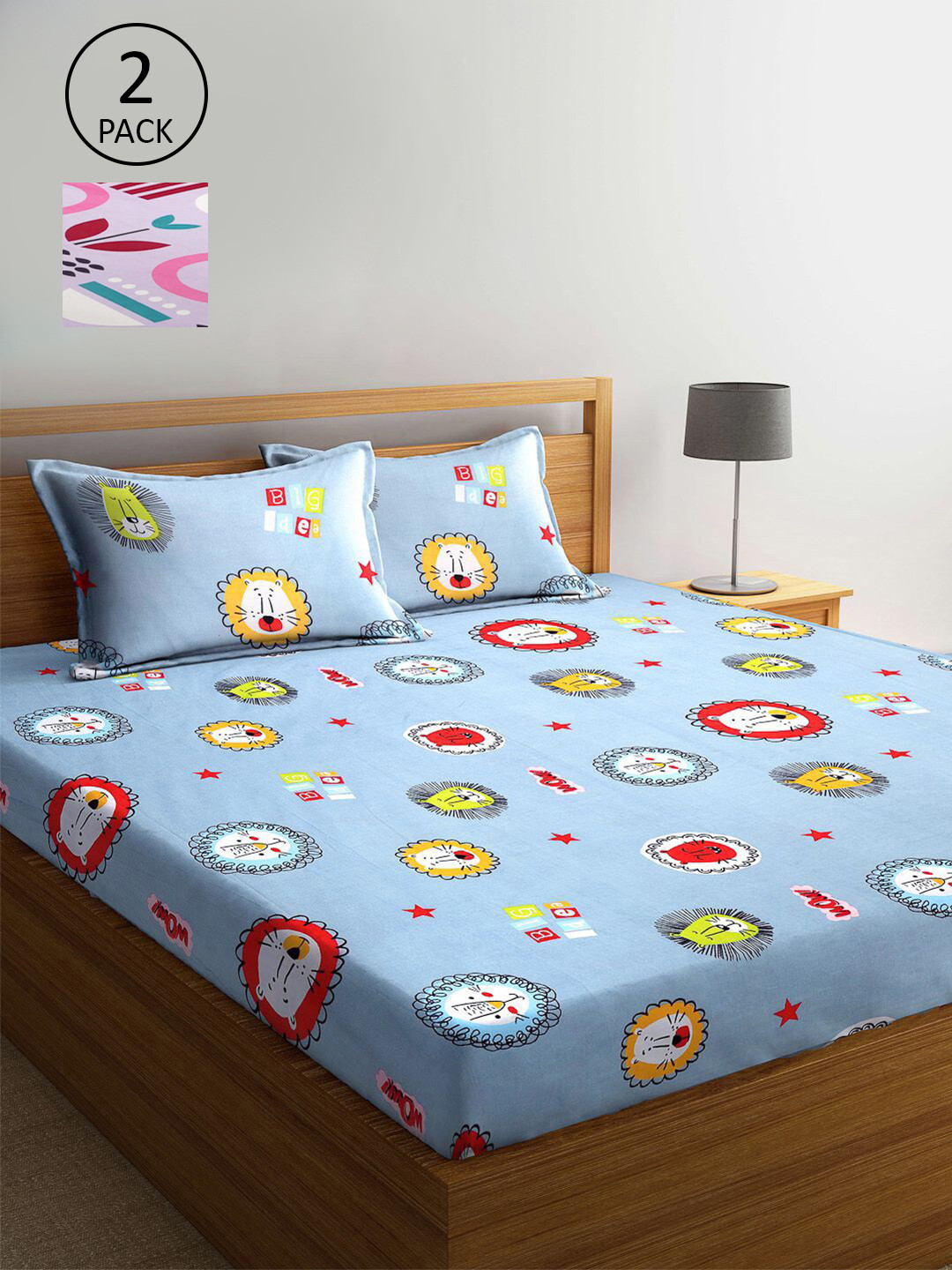 

KLOTTHE Blue & Lavender Cartoon Characters 210 TC 2 King Bedsheet with 4 Pillow Covers