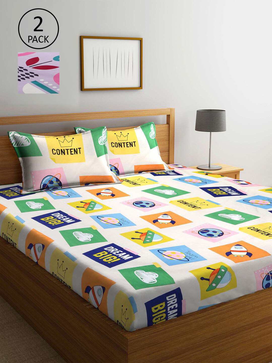 

KLOTTHE Lavender & Multicoloured Cartoon Characters 210 TC 2 King Bedsheet with 4 Pillow Covers