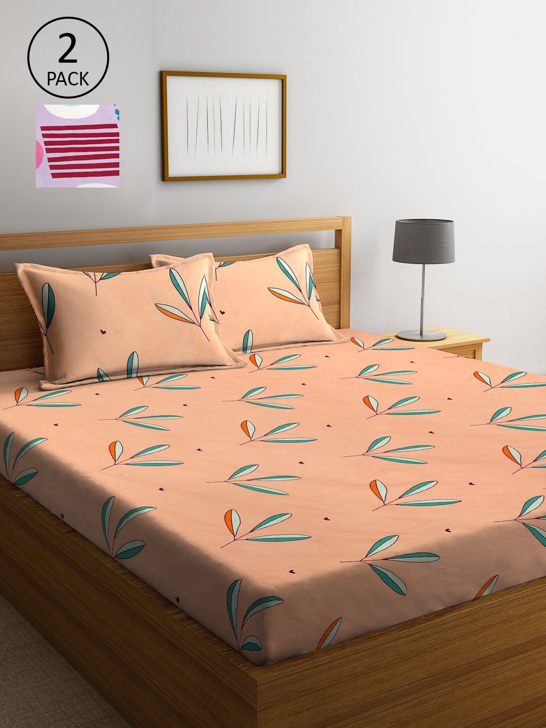 

KLOTTHE Peach & Lavender Floral 210 TC 2 King Bedsheets with 4 Pillow Covers