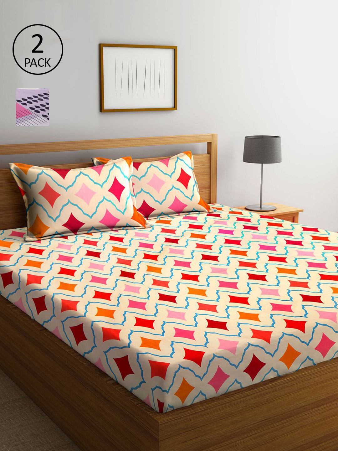 

KLOTTHE Lavender & Yellow Geometric 210 TC 2 King Bedsheet with 4 Pillow Covers