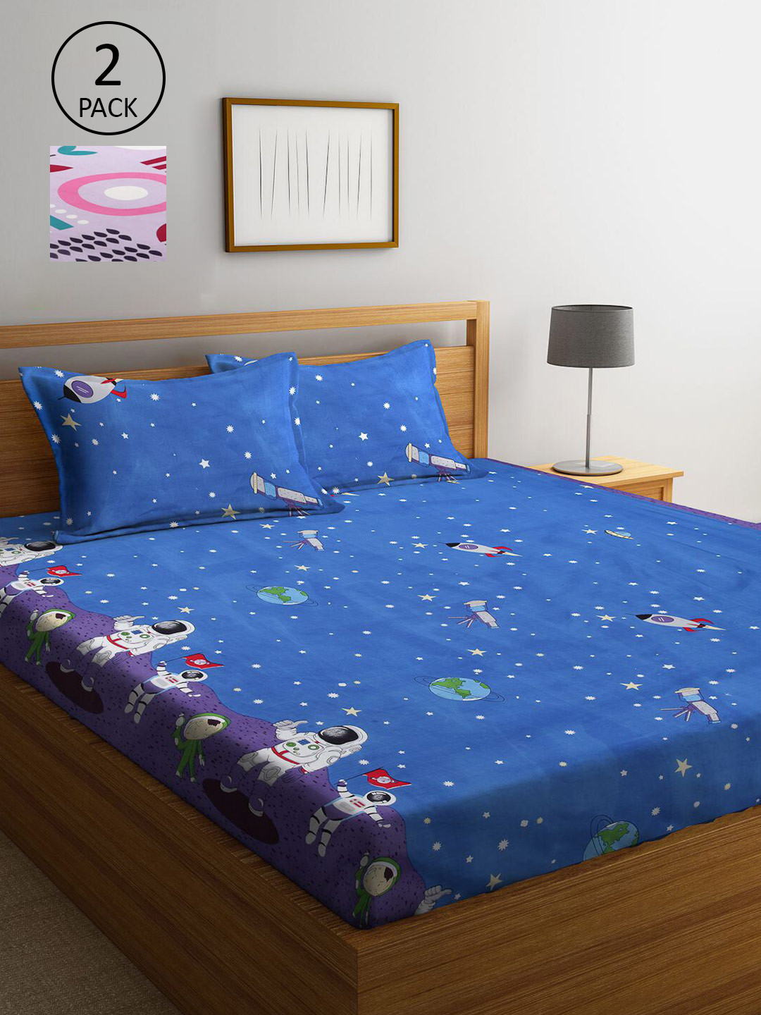 

KLOTTHE Blue & Lavender Printed 210 TC 2 King Bedsheets with 4 Pillow Covers