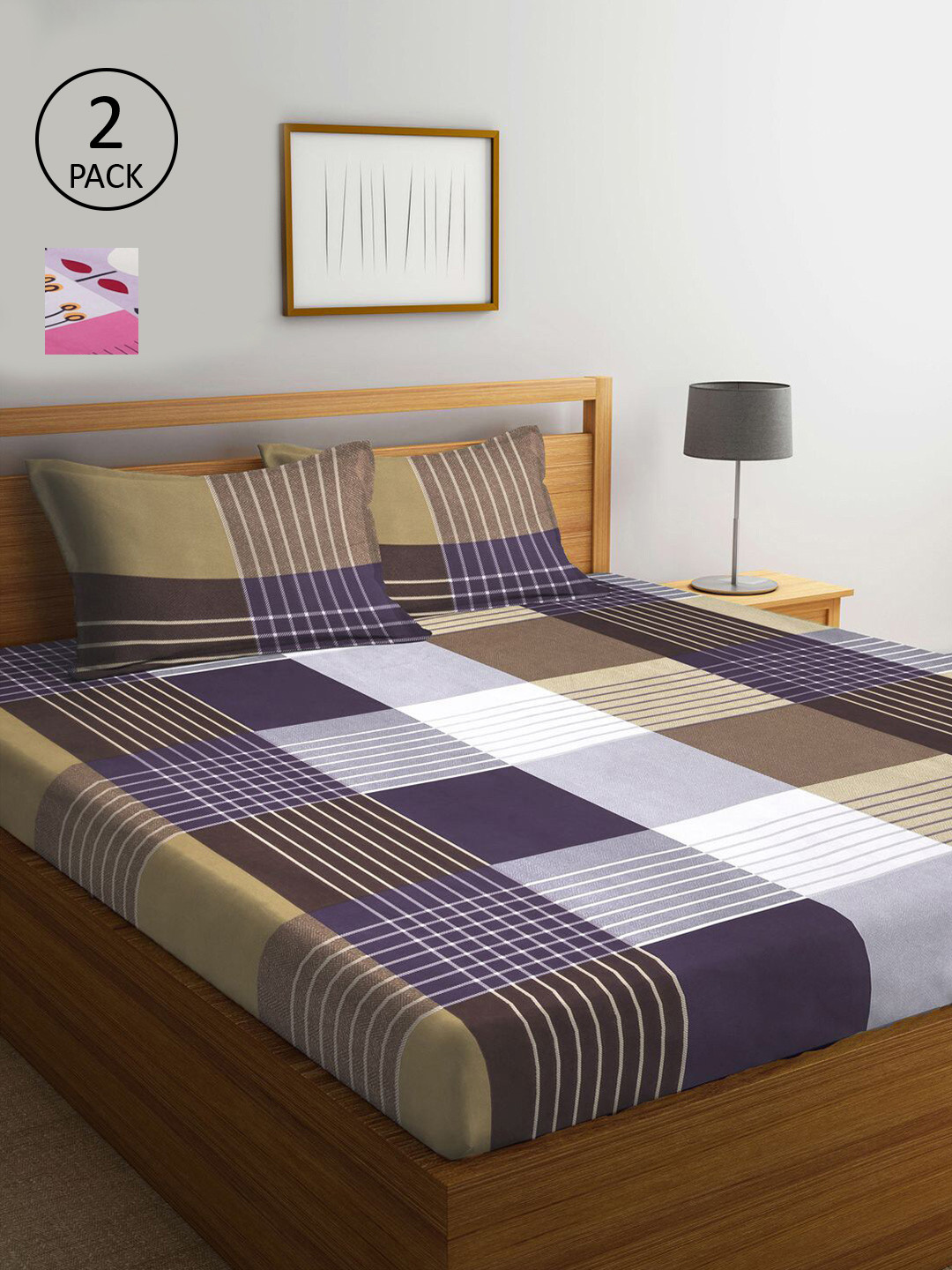 

KLOTTHE Lavender & Brown Geometric 210 TC 2 King Bedsheet with 4 Pillow Covers
