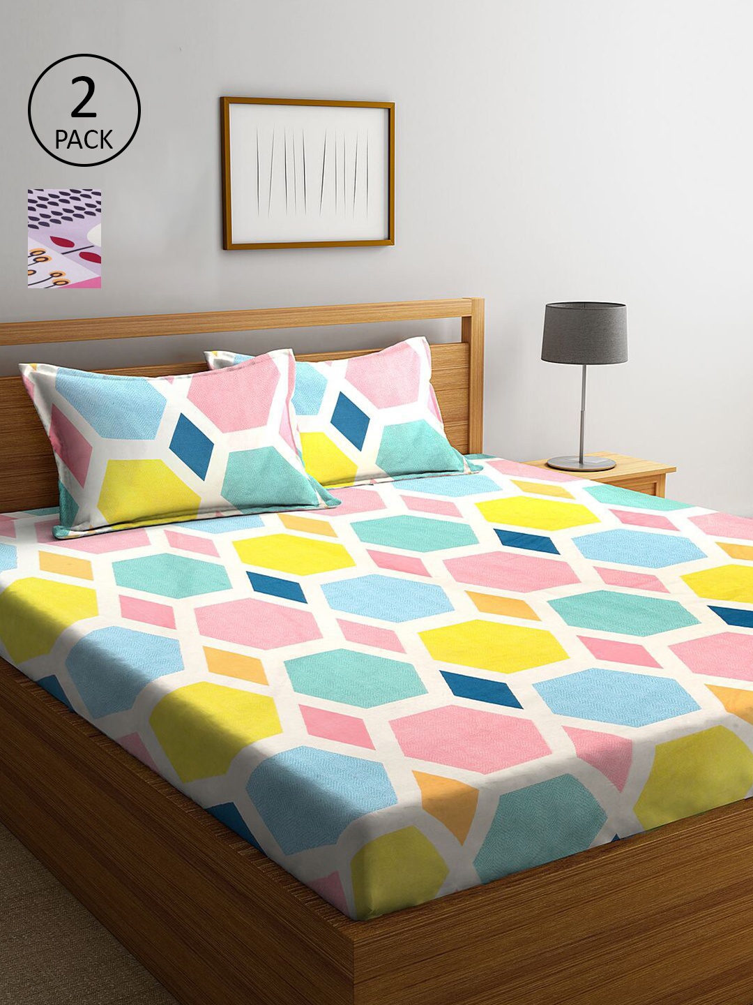 

KLOTTHE Multicoloured & Lavender Printed 210 TC 2 King Bedsheets with 4 Pillow Covers, Multi