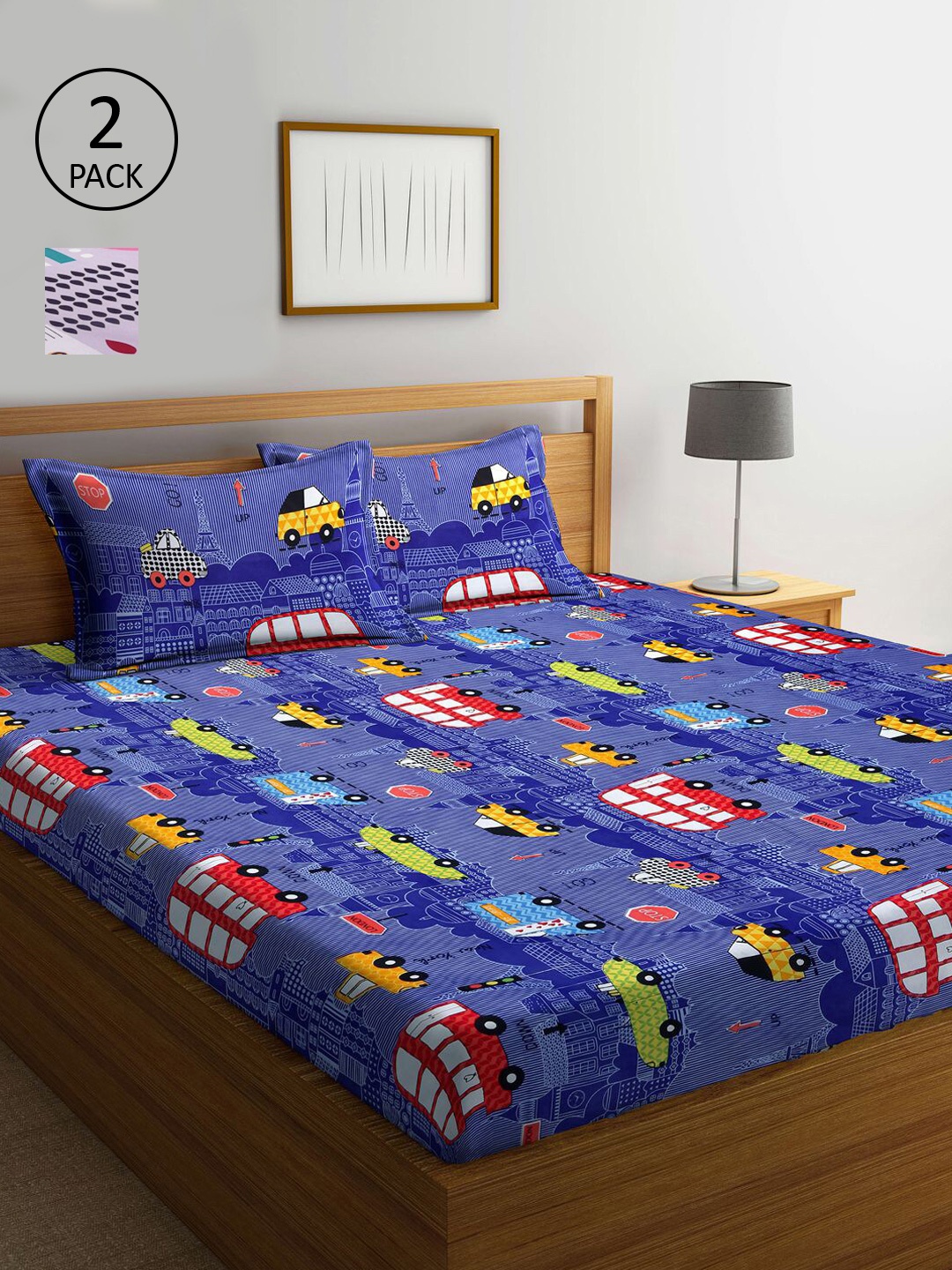

KLOTTHE Blue & Lavender Geometric 210 TC 2 King Bedsheet with 4 Pillow Covers