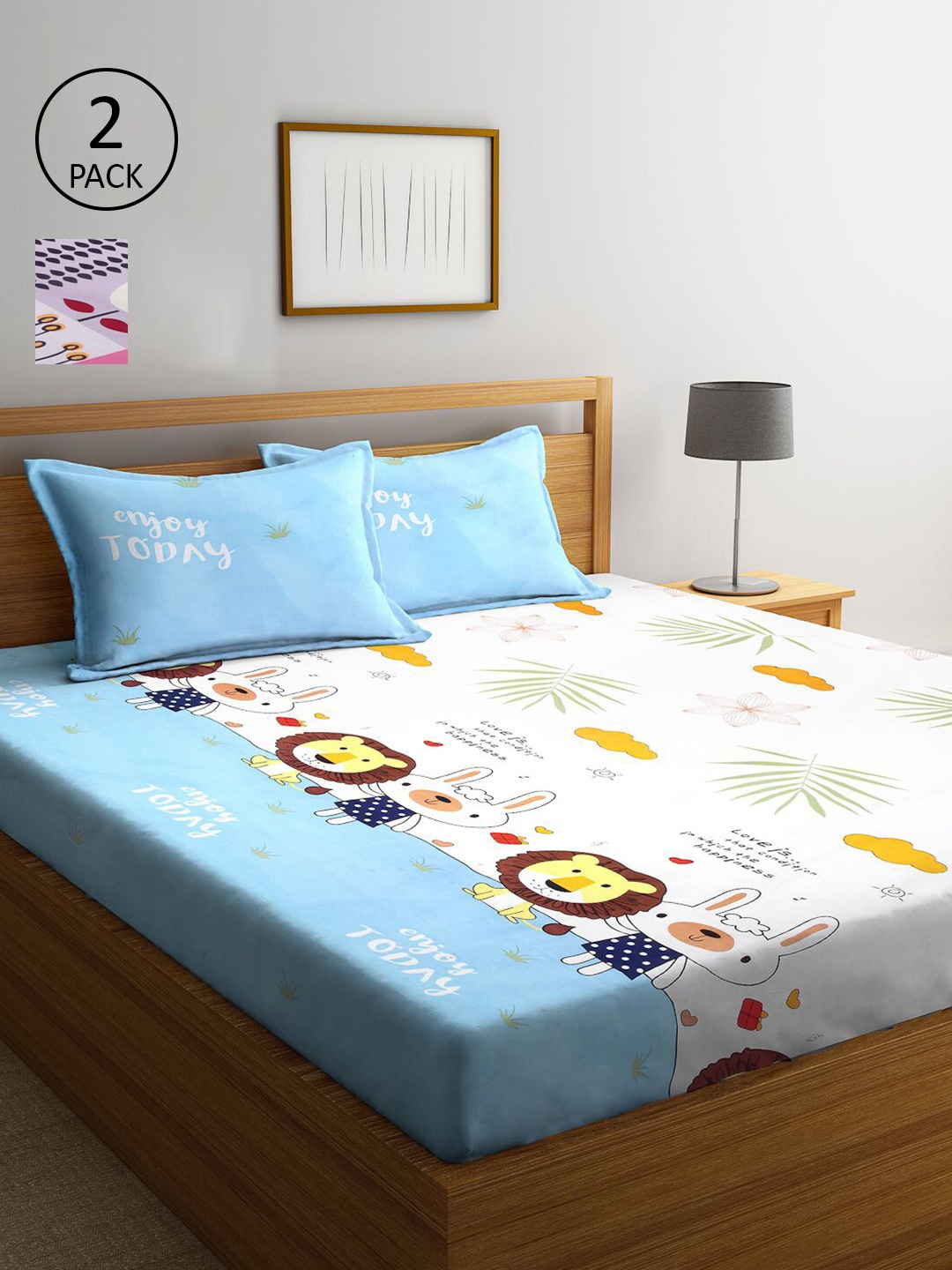 

KLOTTHE Blue & Cream-Coloured Printed 210 TC 2 King Bedsheets with 4 Pillow Covers