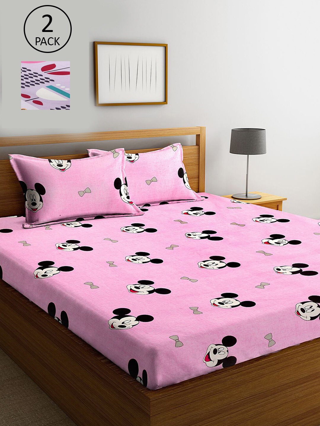 

KLOTTHE Pink & Lavender Cartoon Characters 210 TC 2 King Bedsheet with 4 Pillow Covers