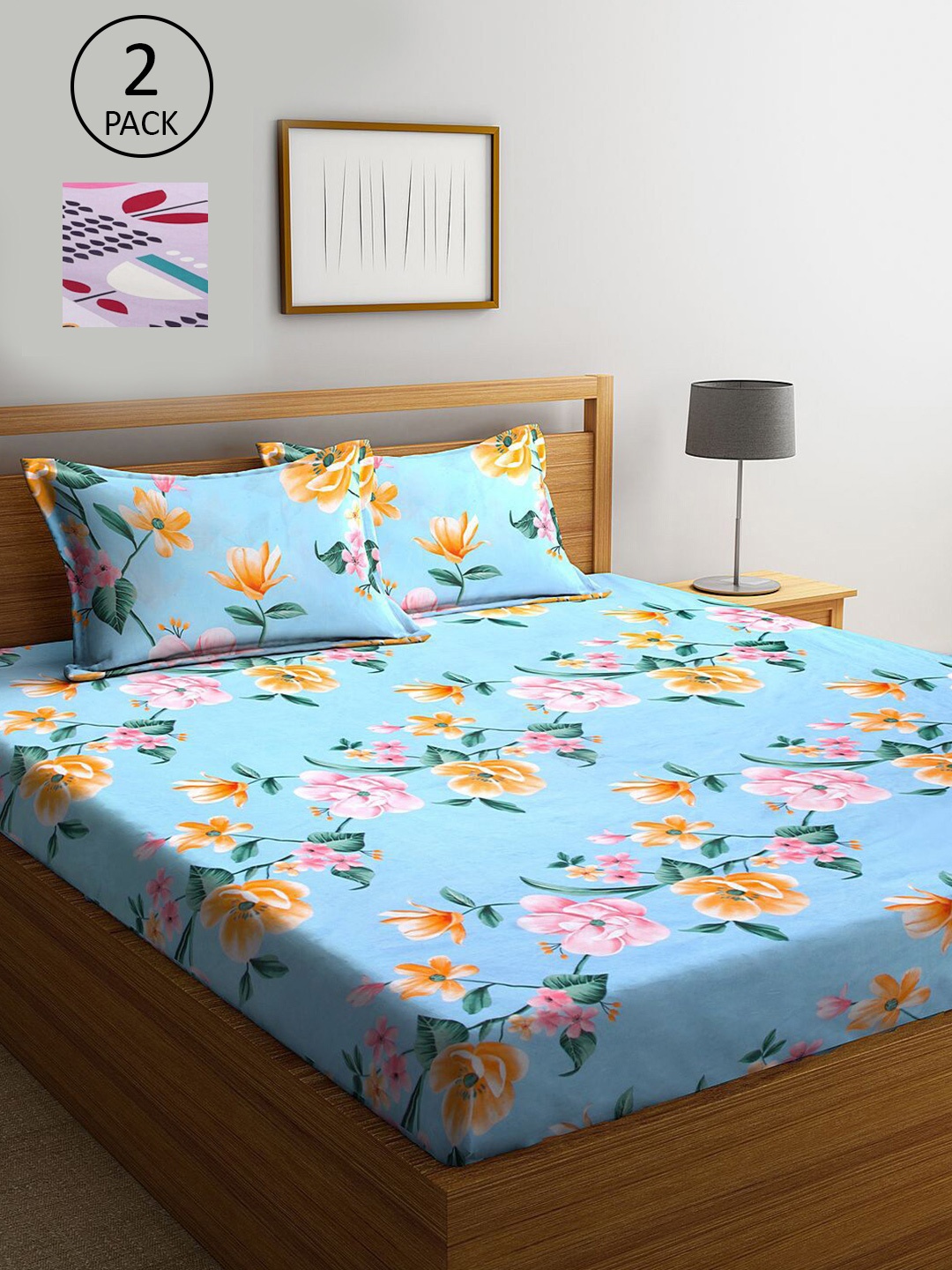 

KLOTTHE Blue & Lavender Floral 210 TC 2 King Bedsheets with 4 Pillow Covers