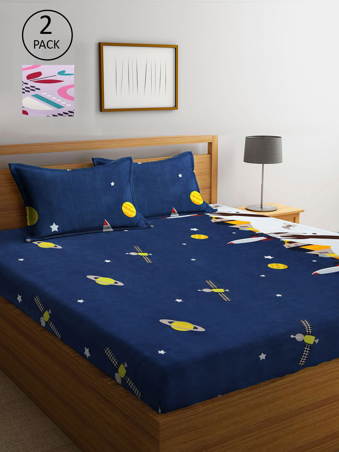 

KLOTTHE Blue & Lavender Cartoon Characters 210 TC 2 King Bedsheet with 4 Pillow Covers