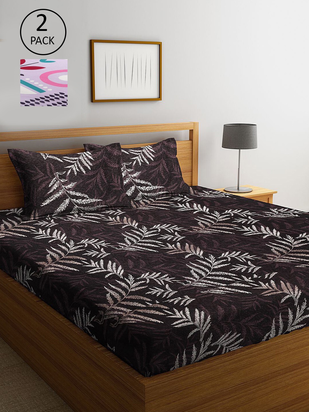 

KLOTTHE Coffee Brown & Lavender Printed 210 TC 2 King Bedsheets with 4 Pillow Covers