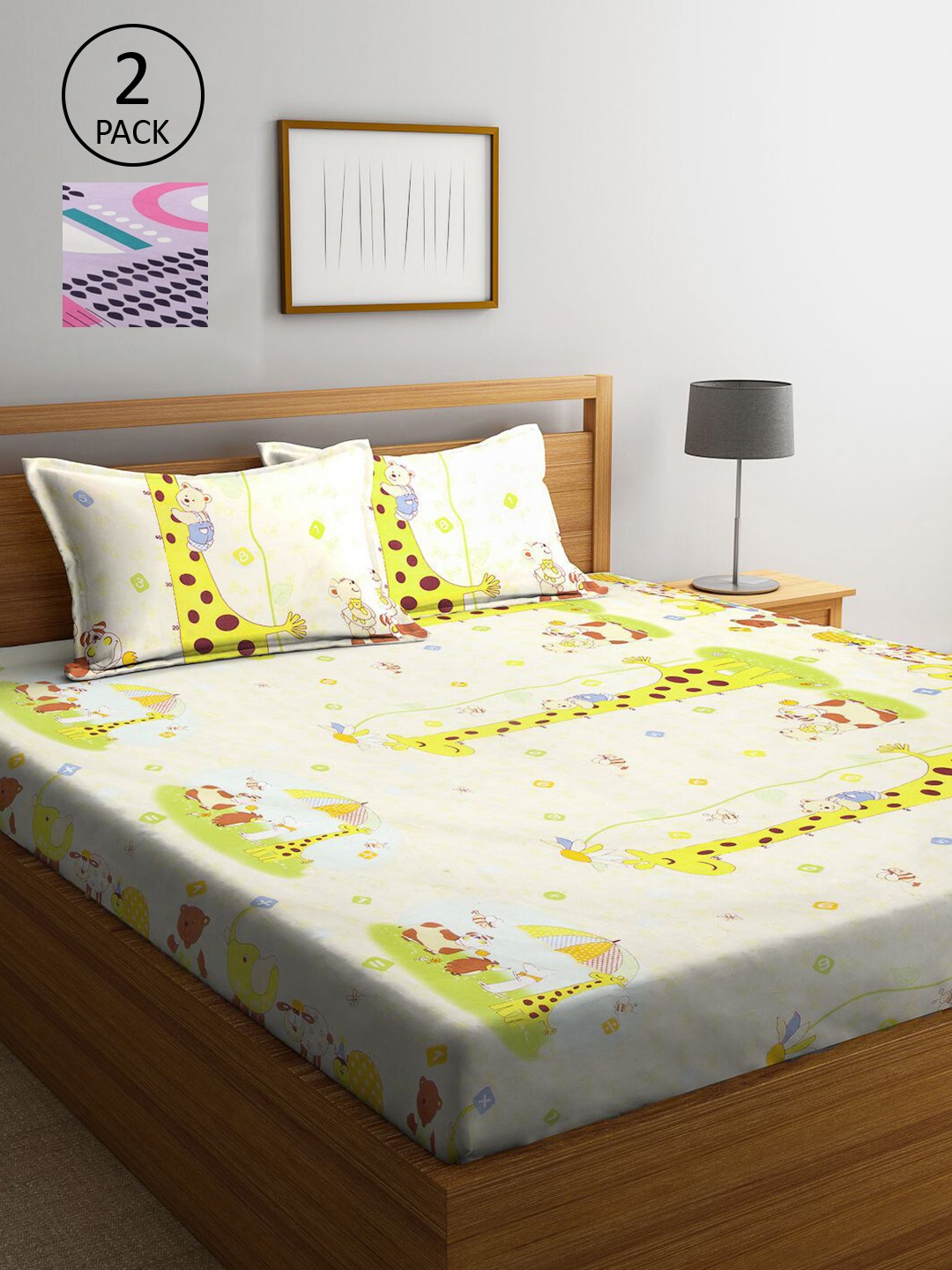 

KLOTTHE Lavender & Cream-Coloured Cartoon Characters 210 TC 2 King Bedsheet with 4 Pillow Covers