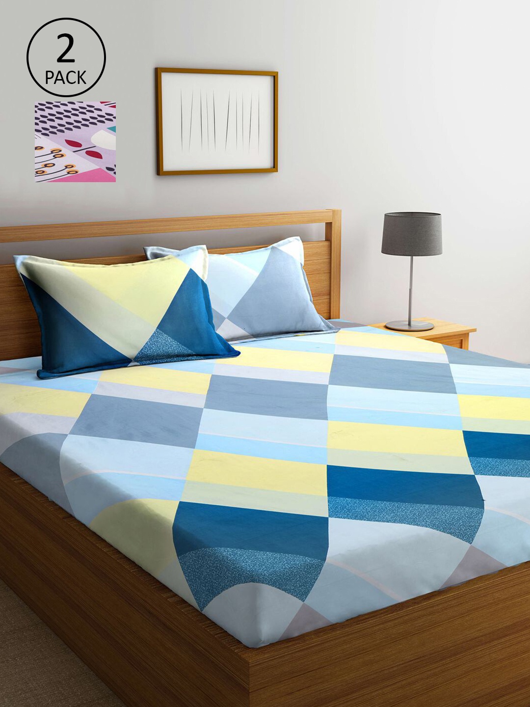 

KLOTTHE Blue & Lavender Printed 210 TC 2 King Bedsheets with 4 Pillow Covers
