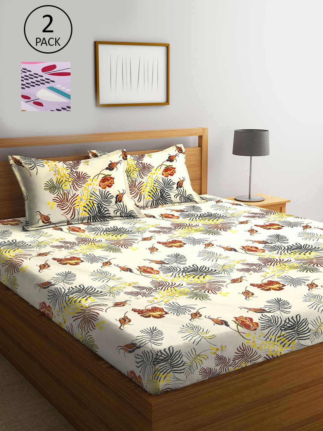

KLOTTHE Cream-Coloured & Lavender Floral 210 TC 2 King Bedsheets with 4 Pillow Covers