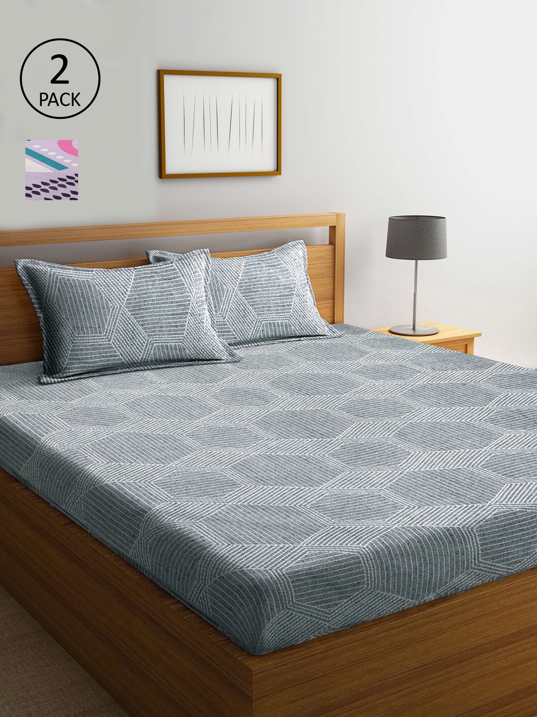 

KLOTTHE Grey & Lavender Geometric 210 TC 2 King Bedsheet with 4 Pillow Covers