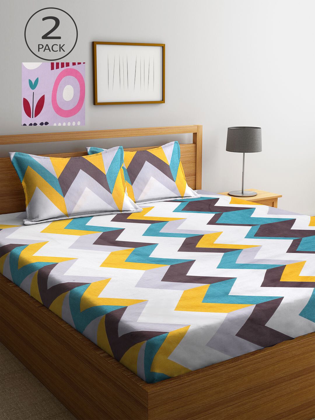 

KLOTTHE White & Yellow Printed 210 TC 2 King Bedsheets with 4 Pillow Covers