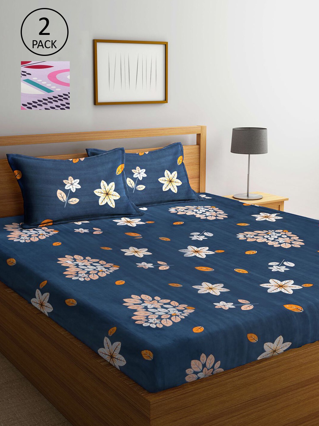 

KLOTTHE Blue & Lavender Floral 210 TC 2 King Bedsheet with 4 Pillow Covers