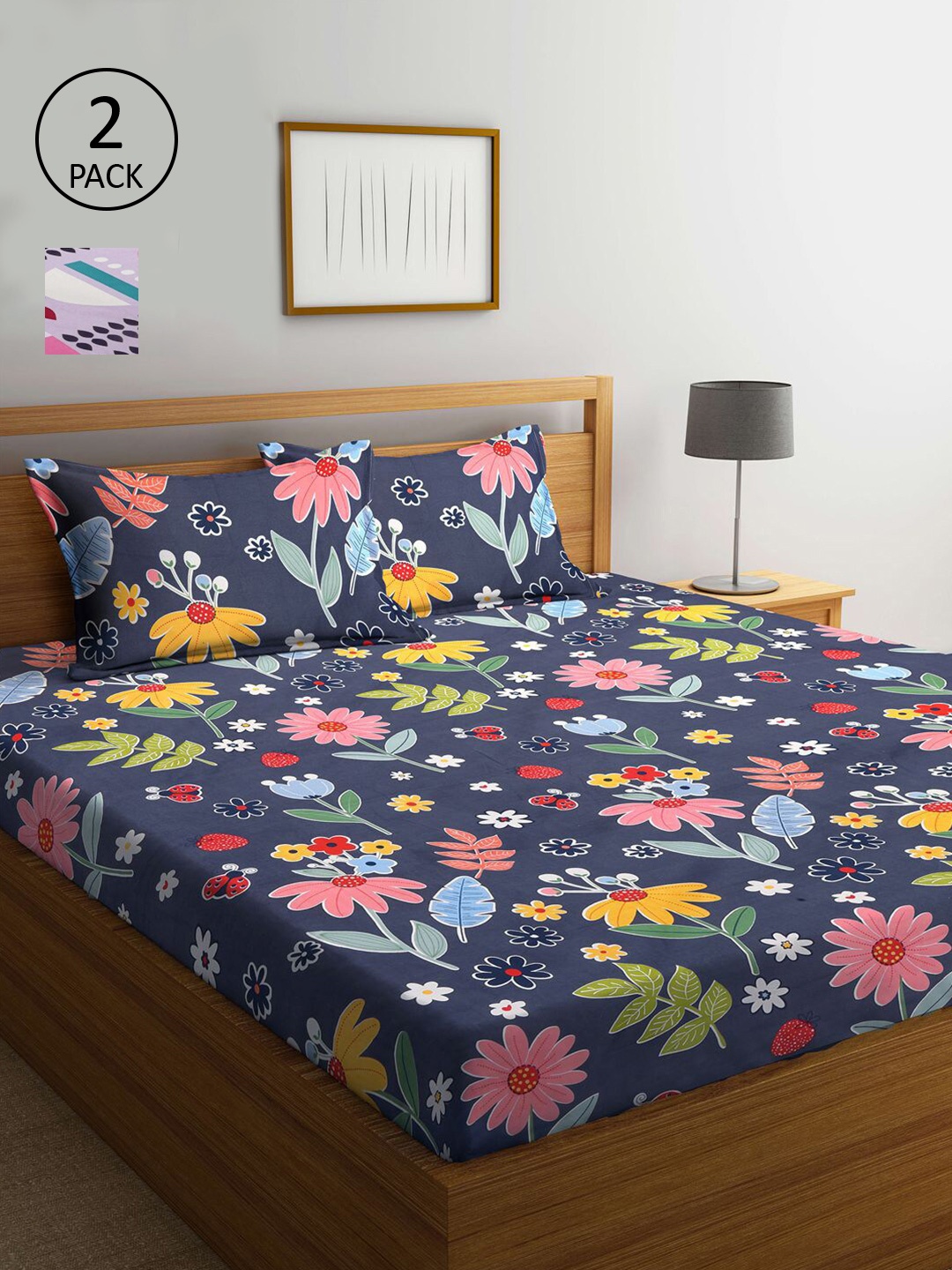 

KLOTTHE Blue & Lavender Floral 210 TC 2 King Bedsheet with 4 Pillow Covers