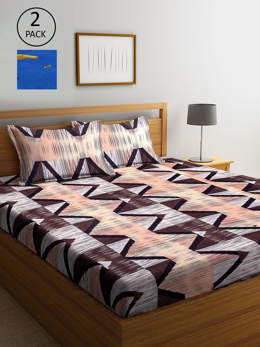 

KLOTTHE Blue & Peach-Coloured Geometric 210 TC 2 King Bedsheet with 4 Pillow Covers