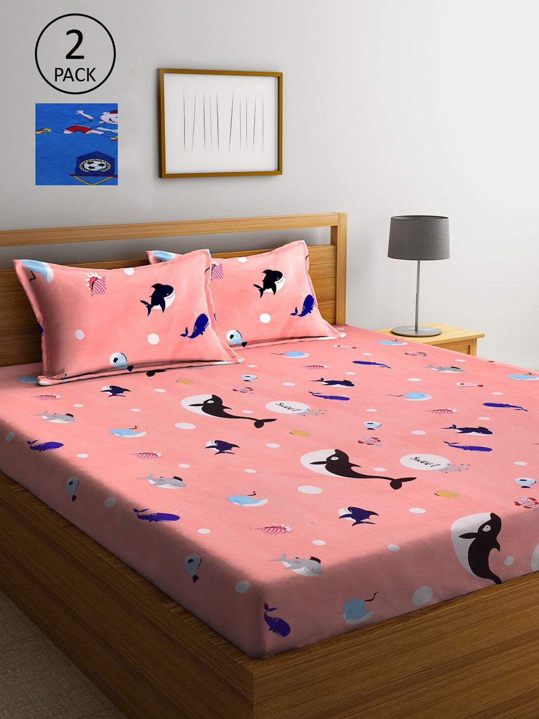 

KLOTTHE Peach-Coloured & Blue Printed 210 TC 2 King Bedsheets with 4 Pillow Covers