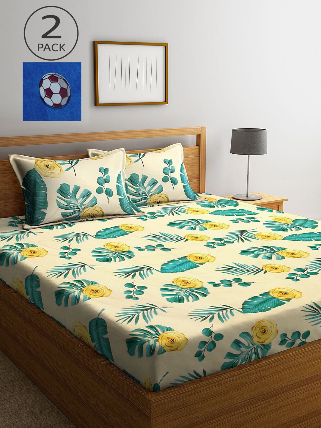 

KLOTTHE Cream-Coloured & Blue Floral 210 TC 2 King Bedsheet with 4 Pillow Covers
